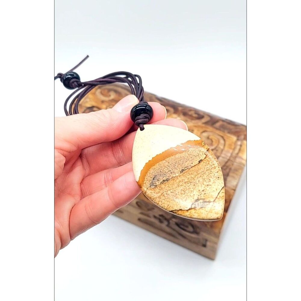Large Picture Jasper Necklace Leather Cord Natural Stone Pendant - Picture 2 of 3